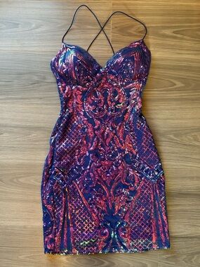 Windsor Navy and Magenta Sequin Cross-Back Mini Dress